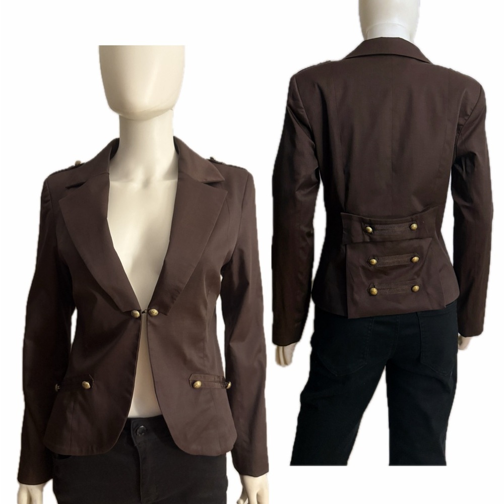 NWOT WOMEN BLAZER FITTED JACKET‎ SINGLE BREASTED MILITARY STYLE LINED IN BROWN